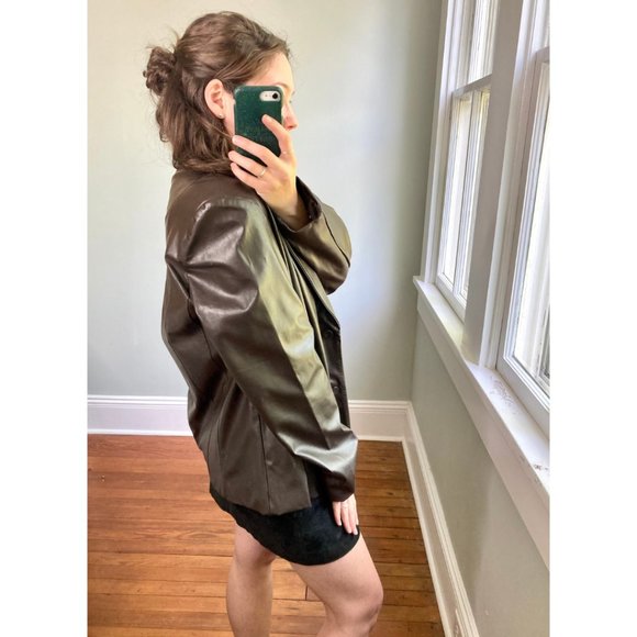 Vintage 100% Leather Y2K Chocolate Brown Blazer Jacket - Picture 5 of 9